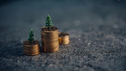 growing trees are placed on top of stacks of coins, creating a compelling visual metaphor for financial growth, investment, and sustainability