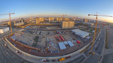 aerial view of a large-scale construction site with multiple buildings and cranes, the bustling construction area symbolizes urban development and progress