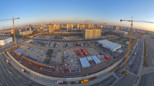 aerial view of a large-scale construction site with multiple buildings and cranes, the bustling construction area symbolizes urban development and progress - Powered by Adobe