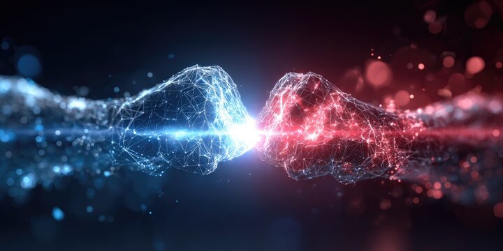 Abstract clash of two forces.  Digital energy bursts