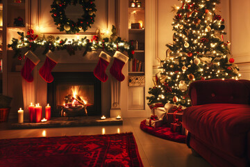 Warm festive home setting with glowing Christmas lights