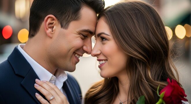 Joyful Engaged Couple Shares an Intimate Moment, Foreheads Touching, Eyes Filled with Love, Celebrating Their Commitment with a Red Rose in an Urban Setting