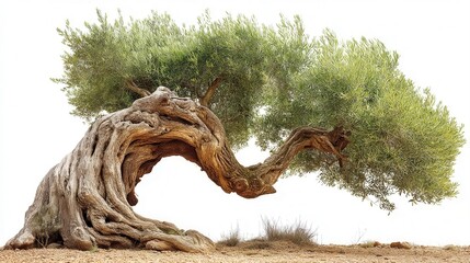 A twisted, ancient olive tree with a thick gnarled trunk and lush green leaves growing in dry soil.