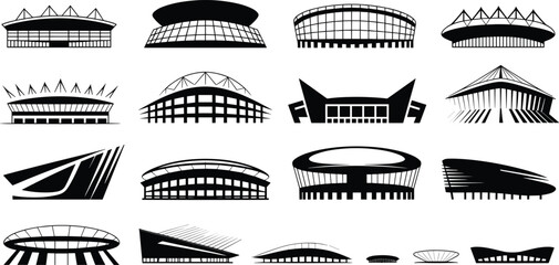 Stadium and arena silhouette icon set featuring modern sports venues, architectural designs, event buildings, arena illustrations, multipurpose facility graphics © Hasem Creative