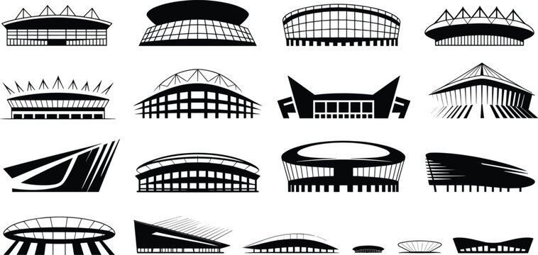 Stadium and arena silhouette icon set featuring modern sports venues, architectural designs, event buildings, arena illustrations, multipurpose facility graphics