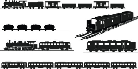Train and railway silhouette collection featuring locomotives, cargo wagons, tank cars, passenger trains, vintage engines, transportation illustrations for design