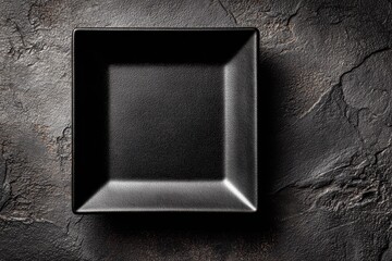 Dark textured background with black square plate centered. Great for showcasing gourmet food presentation in culinary arts.