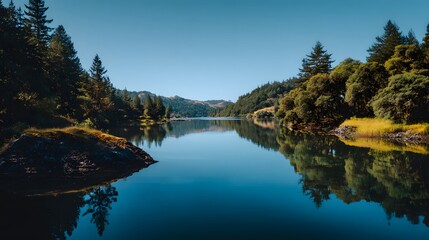Serene lake reflecting a clear blue sky and lush green forest hills.