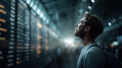 Man gazes at departure board in an airport, contemplating travel and new adventures ahead amidst bustling crowd