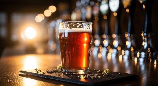 Pint of amber ale beer with frothy head on dark slate board with hops and barley in a dimly lit pub with bokeh lights