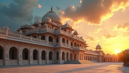Majestic Indian palace architecture features white stone, multiple domes, arches, intricate carvings. Golden sunset light bathes historic building facade. Grand landmark popular travel destination,