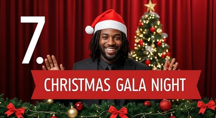 Joyful man in santa hat celebrates christmas gala night with festive decorations and a sparkling tree
