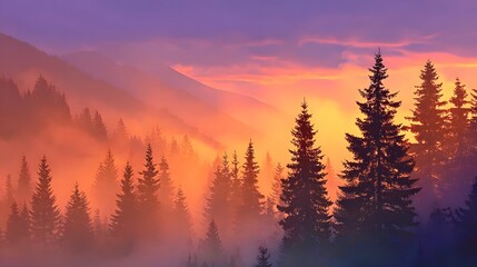 Serene mountain forest silhouette against a vibrant sunset sky.