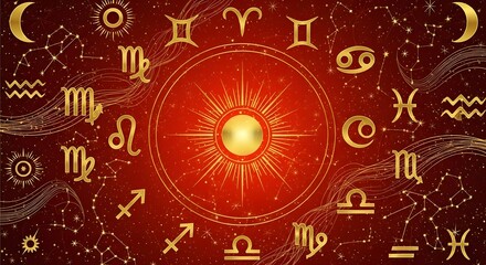 Astrological zodiac signs in gold on a red background with central gemstone