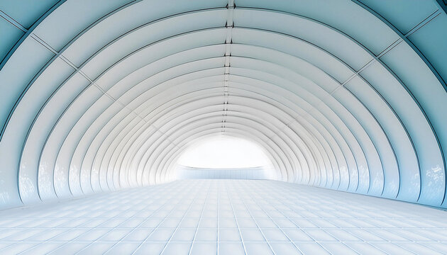 A futuristic white architectural tunnel featuring repeating curved arches and clean geometric lines. The minimalist design, soft lighting, and symmetrical perspective create a modern, serene, and visu
