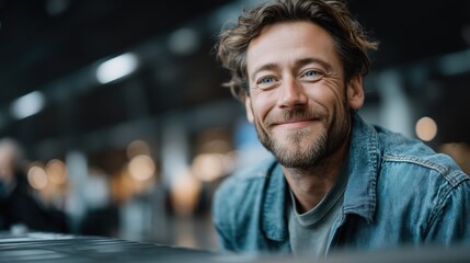 Smiling man enjoying his time at an airport terminal amidst travelers and bright lights