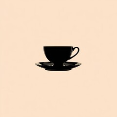 Obraz premium A simple, isolated black silhouette of a tea cup with a handle resting on its matching saucer, set against a pale, textured background.