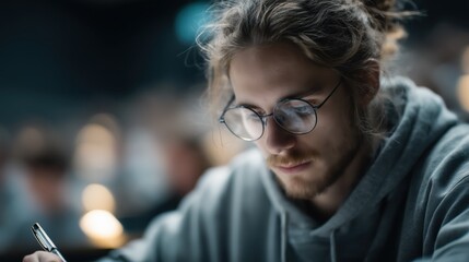Young student focused on studies in a modern classroom during evening hours, showcasing concentration and dedication