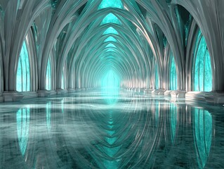 A luminous turquoise hall of soaring arched columns reflected on a glossy mirrored floor as radiant light pours through the distant opening creating an ethereal architectural realm