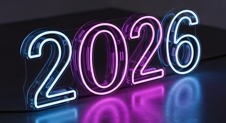 Glowing neon 2026 year illustration with blue and pink reflection on surface