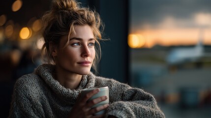Contemplating the sunset over a bustling airport while sipping warm coffee in a cozy sweater