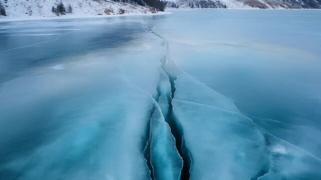 Frozen lake surface reveals deep cracks beneath translucent ice, with soft blue gradients leading toward snowy ridges.