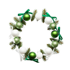 Festive green and white christmas wreath with ornaments