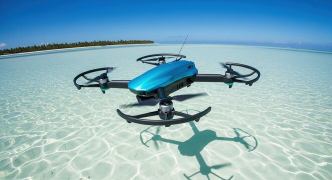 Blue drone flying low above crystal clear tropical ocean water near palm tree island