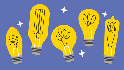 Various Lightbulbs Doodle Style, New Idea and Innovation Brainstorming Session
