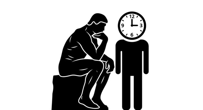Classic thinker statue and clock-headed person