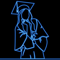 Female graduate in academic cap and gown celebrating graduation icon neon glow vector illustration concept