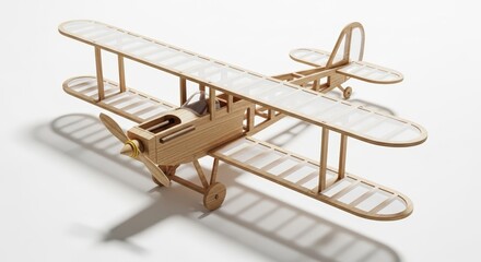 A detailed wooden model biplane airplane on a clean white background.