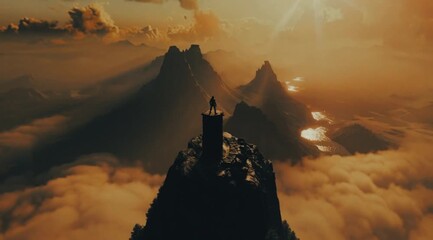 A triumphant fighter standing atop an ancient castle rooftop celebrating victory and personal achievement in a grand heroic moment – Generative AI.