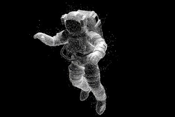 Digital rendering of an astronaut floating in space, composed of fine white lines