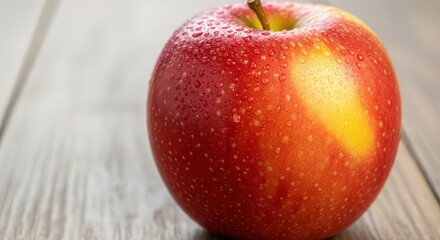 A fresh red apple covered in water droplets resting on a light wooden table.
