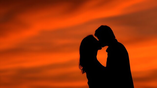 Silhouette of a romantic couple kissing against a fiery orange sunset sky. - Powered by Adobe