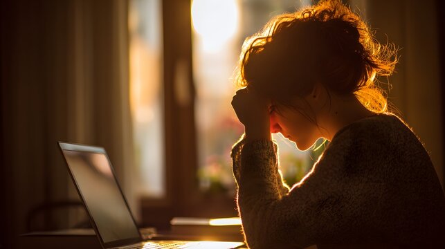Silhouette of a stressed and tired woman working on a laptop at sunset.