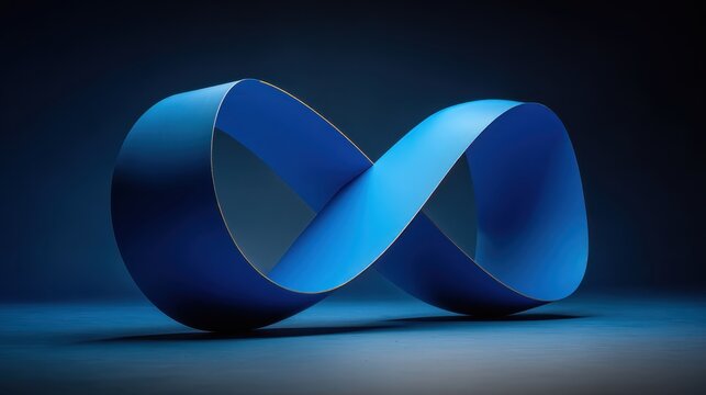 A blue mobius strip sculpture with golden edges sits on a dark blue surface under dramatic lighting.