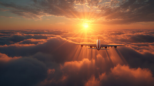 Airplane flying through clouds at sunset with sunburst image