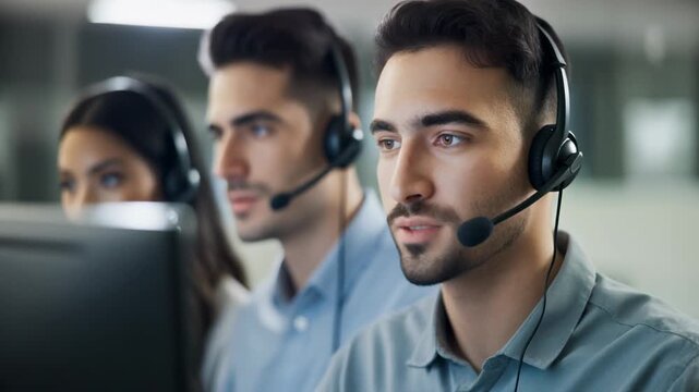 Dedicated customer support team providing fast and efficient service in a modern call center, building customer loyalty and driving business growth with focused teamwork and open communication - Powered by Adobe