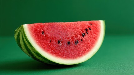 A juicy wedge of watermelon with bright red flesh and black seeds rests on a vibrant green surface.