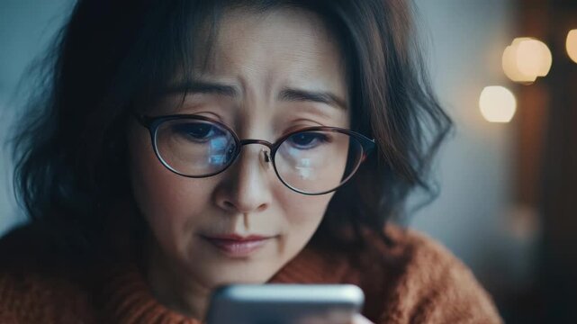 Focused expression, reading on screen, glasses and cozy interior setting