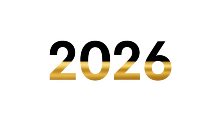 The year 2026 is depicted with a modern and elegant design, featuring a gradient from black to gold, isolated on transparent background, symbolizing prosperity and success in the coming year, perfect 