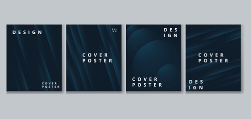 Set of four dark blue abstract cover designs with geometric shapes and typography, perfect for modern posters, brochures, or social media templates, conveying a sense of sophistication and style