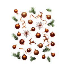 Festive christmas ornaments and evergreen branches scattered on white background