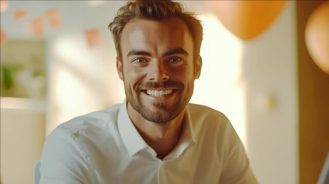 Handsome man in suit smiling for photo with dimples showing.