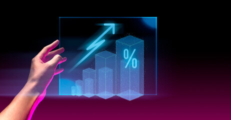 hand of businessman interactive touching a holographic financial growth graph chart system network and technology, success of trading innovation