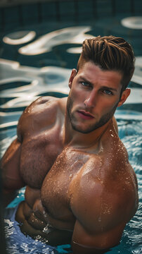 Muscular Man with Wet Body Posing in Swimming Pool