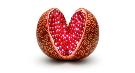 A beautifully decorated pomegranate cut in half, forming a heart shape, revealing its vibrant red arils on a white background.