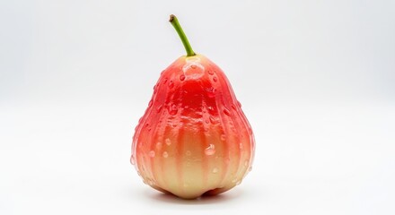 A fresh, vibrant red and pink water apple with water droplets on a white background, highlighting its crisp texture.